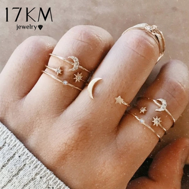 17KM Bohemian Gold Vintage Rings Star Moon Beads Crystal Ring Set Women Charm Joint Ring Party Wedding Fashion Jewelry Gifts