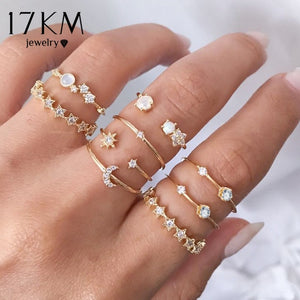 17KM Bohemian Gold Vintage Rings Star Moon Beads Crystal Ring Set Women Charm Joint Ring Party Wedding Fashion Jewelry Gifts