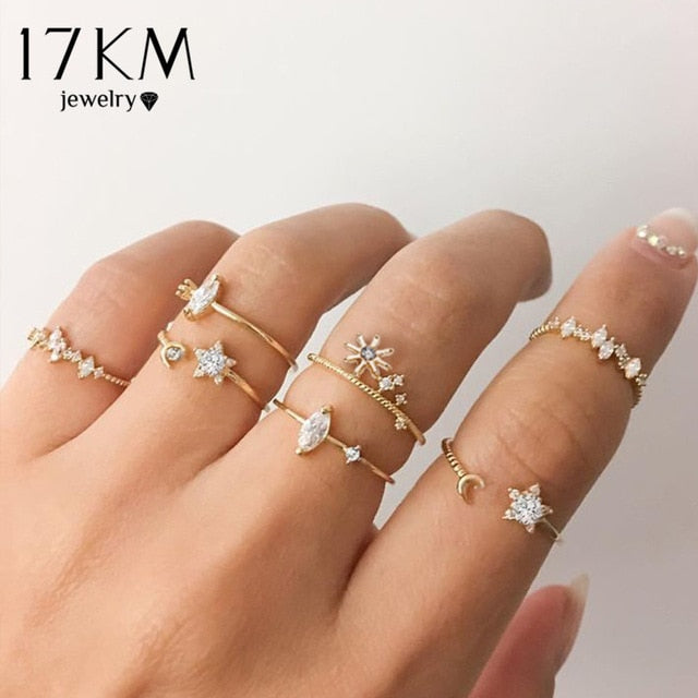 17KM Bohemian Gold Vintage Rings Star Moon Beads Crystal Ring Set Women Charm Joint Ring Party Wedding Fashion Jewelry Gifts