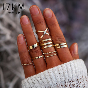 17KM Bohemian Gold Vintage Rings Star Moon Beads Crystal Ring Set Women Charm Joint Ring Party Wedding Fashion Jewelry Gifts