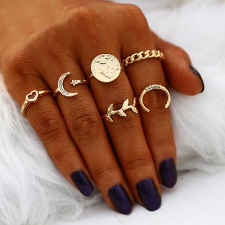 17KM Bohemian Gold Vintage Rings Star Moon Beads Crystal Ring Set Women Charm Joint Ring Party Wedding Fashion Jewelry Gifts