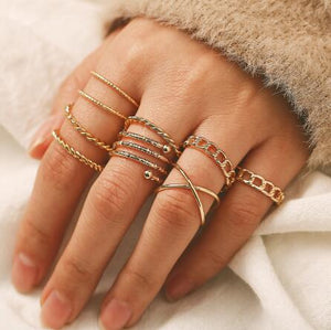 17KM Bohemian Gold Vintage Rings Star Moon Beads Crystal Ring Set Women Charm Joint Ring Party Wedding Fashion Jewelry Gifts