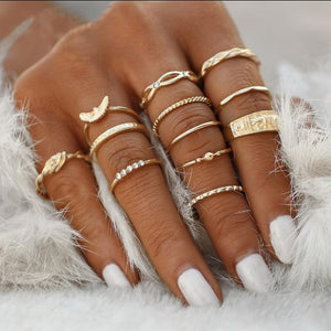 17KM Bohemian Gold Vintage Rings Star Moon Beads Crystal Ring Set Women Charm Joint Ring Party Wedding Fashion Jewelry Gifts