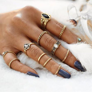 17KM Bohemian Gold Vintage Rings Star Moon Beads Crystal Ring Set Women Charm Joint Ring Party Wedding Fashion Jewelry Gifts