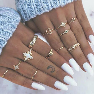 17KM Bohemian Gold Vintage Rings Star Moon Beads Crystal Ring Set Women Charm Joint Ring Party Wedding Fashion Jewelry Gifts