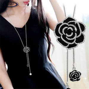 BYSPT Zircon Black Rose Flower Long Necklace Sweater Chain Fashion Metal Chain Crystal Flower Pendant Necklaces Adjusted