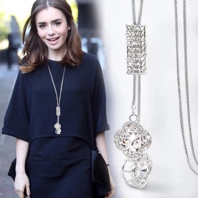 BYSPT Zircon Black Rose Flower Long Necklace Sweater Chain Fashion Metal Chain Crystal Flower Pendant Necklaces Adjusted