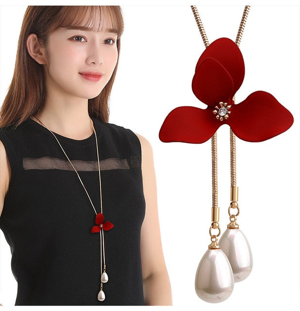 BYSPT Zircon Black Rose Flower Long Necklace Sweater Chain Fashion Metal Chain Crystal Flower Pendant Necklaces Adjusted