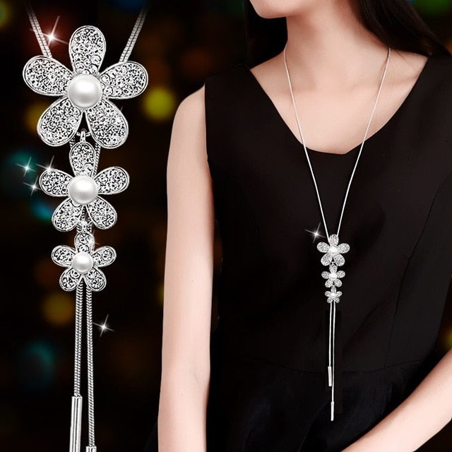 BYSPT Zircon Black Rose Flower Long Necklace Sweater Chain Fashion Metal Chain Crystal Flower Pendant Necklaces Adjusted