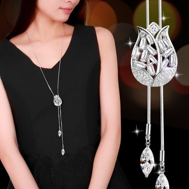 BYSPT Zircon Black Rose Flower Long Necklace Sweater Chain Fashion Metal Chain Crystal Flower Pendant Necklaces Adjusted