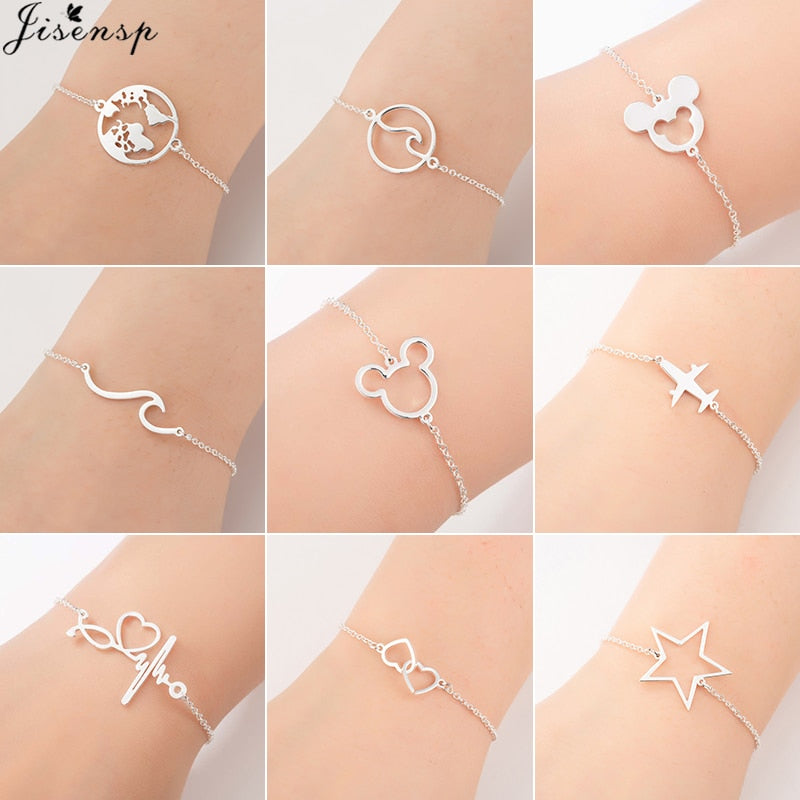 Jisensp Stainless Steel Animal Mickey Bracelets for Women Everyday Jewelry Silver Airplane Adjustable Charm Bracelet Femme Gift