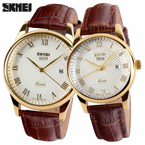 SKMEI Women Dress Watches Luxury Lovers Couple Watches Men Date Waterproof Women Leather strap Quartz Wristwatch Montre Homme