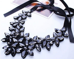 Crystal Necklace Women Crystal Flower Pendant Necklace Ribbon Choker Bib Collar Necklace