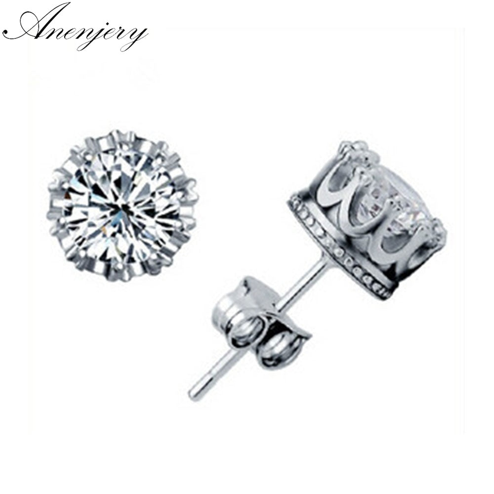 Anenjery 925 Sterling Sliver Crown 8MM Cubic Zircon Stud Earrings For Women Men Gift oorbellen boucle d'oreille S-E17