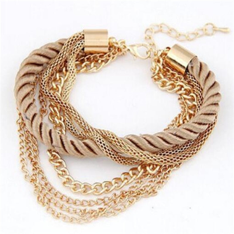 Free Shipping Fashion Multilayer Charm Bracelet Exaggerated Gold Chain Bracelet Femme High Quality Of Handwoven Rope Jewelry