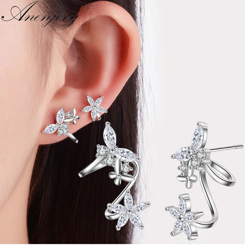 Anenjery 925 Sterling Silver Butterfly Shiny CZ Zircon Stud Earrings For Women pendientes oorbellen boucle d'oreille Gift S-E327