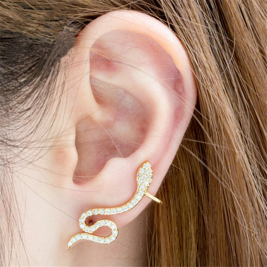 Rose Gold CZ Snake Ear Jacket Earrings For Women Reptile Jewelry Animal Crystal Stud Earrings Dainty Boucle D'oreille Femme 2018