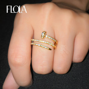 FLOLA Gold Fashion Nail Ring for Woman Cubic Zirconia Nail Open Ring 925 Silver Jewelry Gift Multi Circle Twist Ring Anel righ08