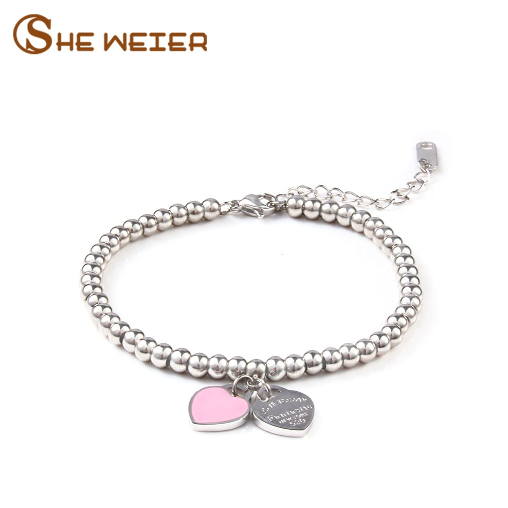 SHE WEIER charms heart bracelet& bangles beads femme gifts for women female stainless steel jewelry braslet silver gift