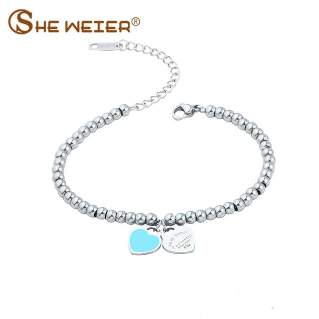 SHE WEIER charms heart bracelet& bangles beads femme gifts for women female stainless steel jewelry braslet silver gift