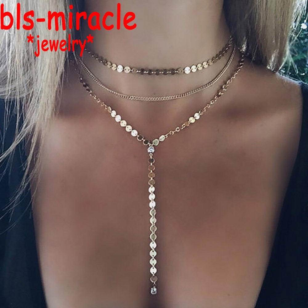 Newest fashion jewelry accessories gold color Multiple layers sheet  chain with crystal  Necklace for couple lovers'  N461