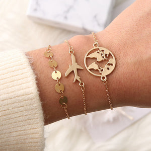 3Pcs/Lot Punk Rock Planet Map Metal Charms Bracelet chain link bracelet set for women Multilayers Bracelets Femme Boho Jewelry