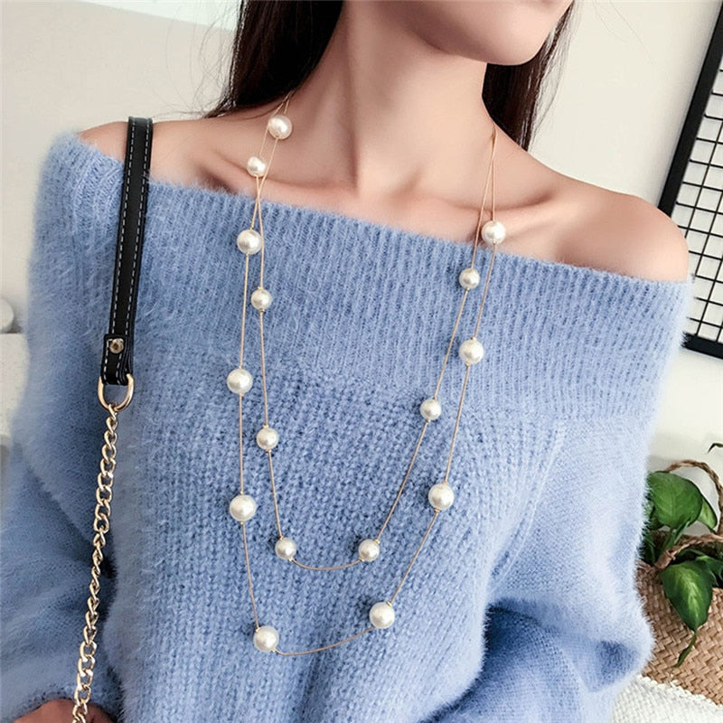 ROMAD Simple Long Double Layer Simulated Pearls Ladies Necklaces Clavicle Fashion Jewelry Sweater Chain Necklace For Women A5