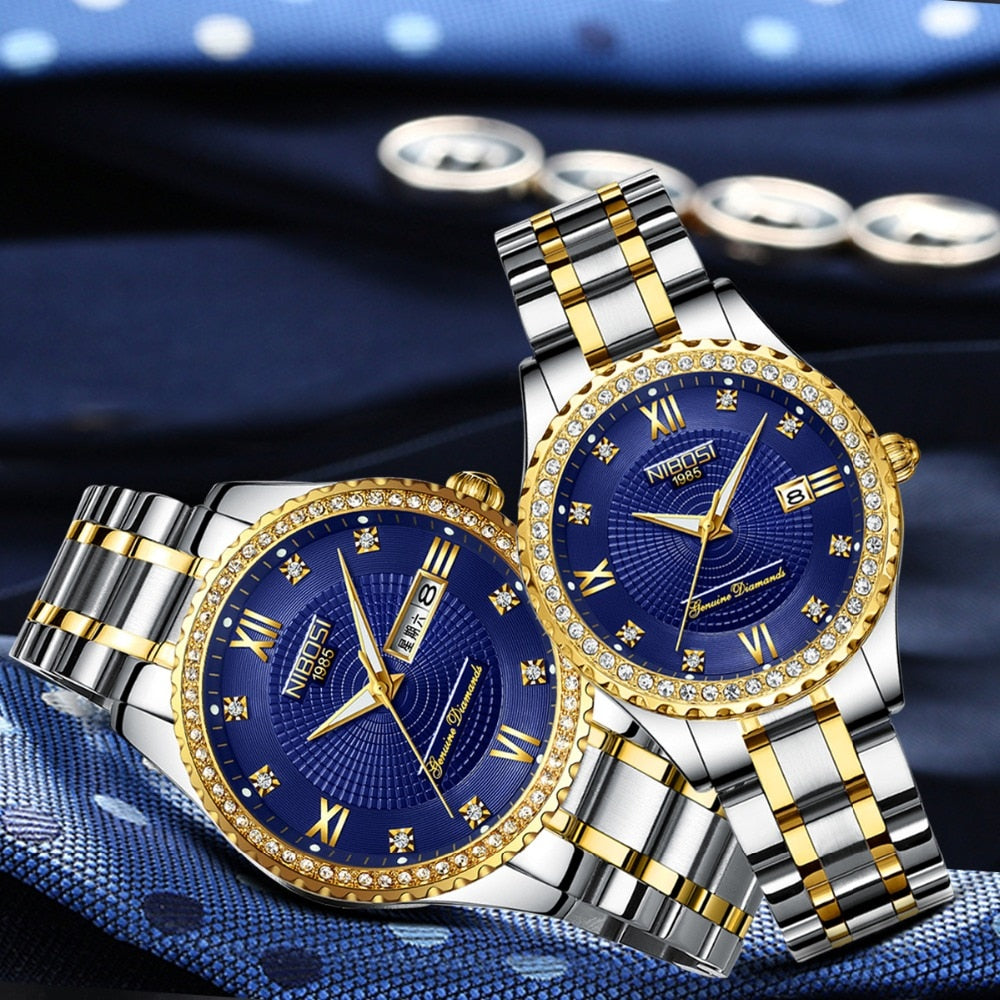 NIBOSI Couple Watch Women Men Luxury Crystal Quartz Wrist Watches Lovers Clock Week Date Gold Blue Montre Femme Relogio Feminino