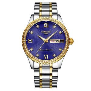 NIBOSI Couple Watch Women Men Luxury Crystal Quartz Wrist Watches Lovers Clock Week Date Gold Blue Montre Femme Relogio Feminino