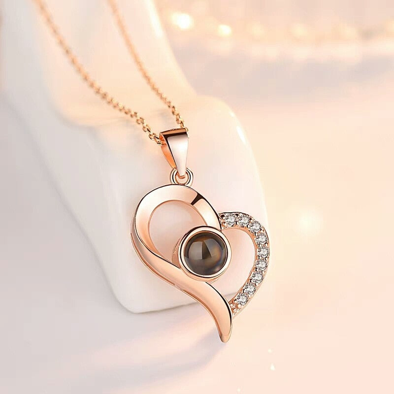 Love Heart Romantic Love Memory Wedding Necklace Rose Gold&Silver 100 languages I love you Projection Pendant Necklace