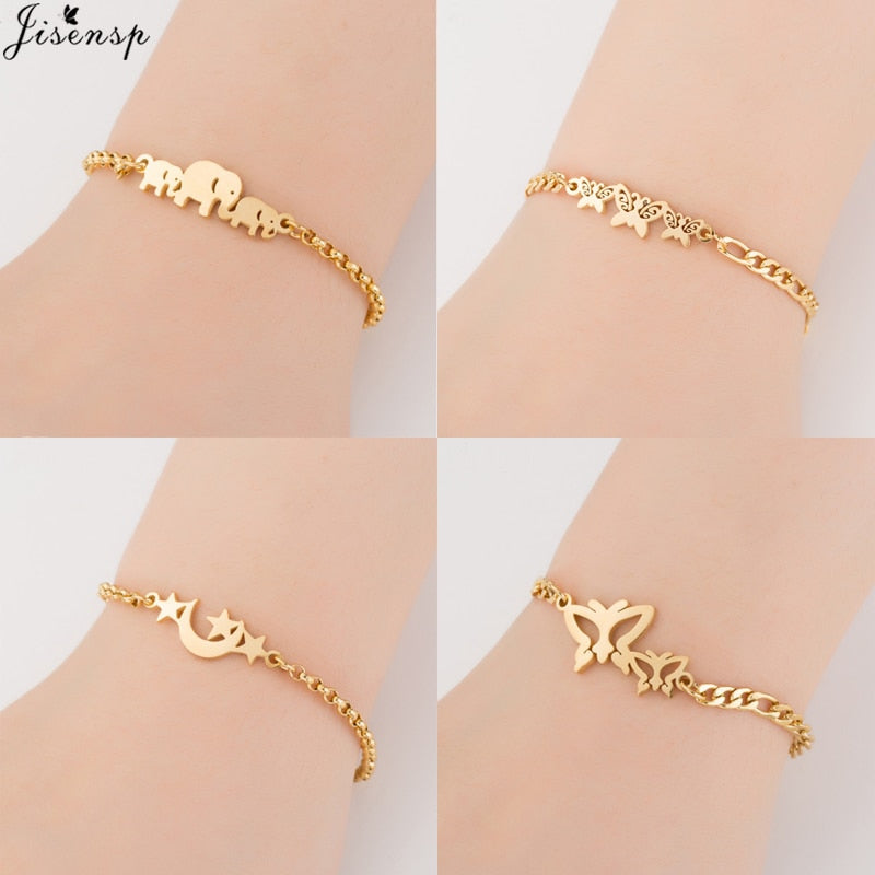 Jisensp Gold Stainless Steel Animal Bracelets for Women Everyday Jewellery Butterfly Charm Bracelet Femme Wedding Gift