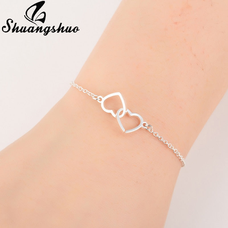 Shuangshuo Charm Heart Bracelets for Women Stainless Steel Bracelets Silver Jewelry Double Heart Pendant bangles Femme Gifts