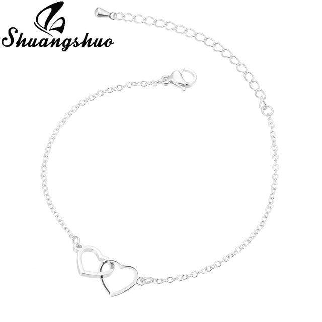 Shuangshuo Charm Heart Bracelets for Women Stainless Steel Bracelets Silver Jewelry Double Heart Pendant bangles Femme Gifts