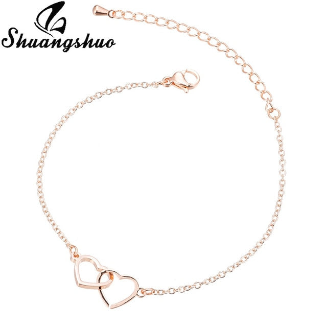 Shuangshuo Charm Heart Bracelets for Women Stainless Steel Bracelets Silver Jewelry Double Heart Pendant bangles Femme Gifts