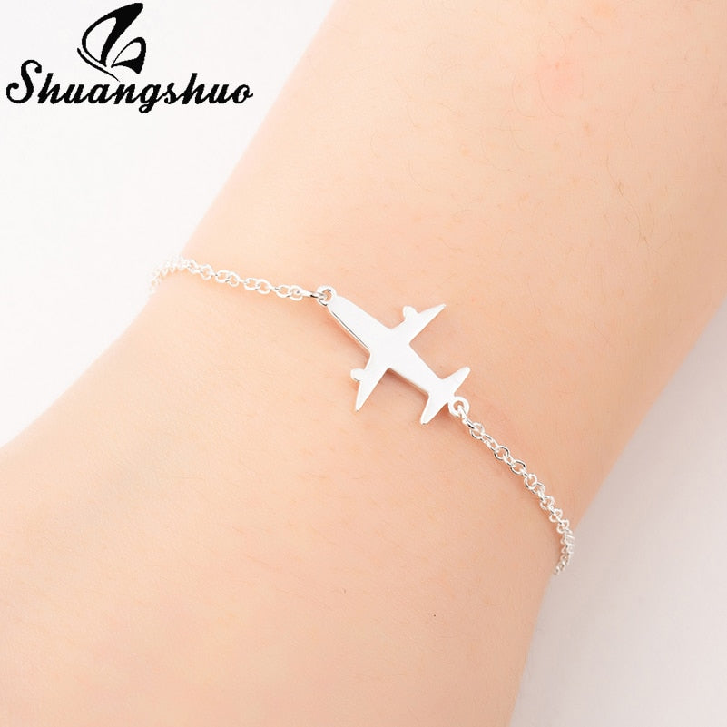 Shuangshuo Silver Airplane Adjustable Charm Bracelets for Women Jewelry Link Chain Stainless Steel Aircraft Plane Bracelet femme