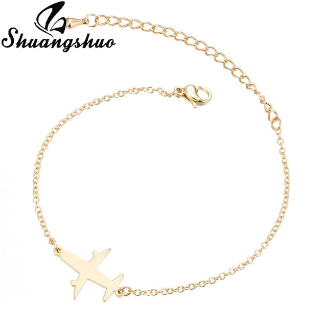 Shuangshuo Silver Airplane Adjustable Charm Bracelets for Women Jewelry Link Chain Stainless Steel Aircraft Plane Bracelet femme