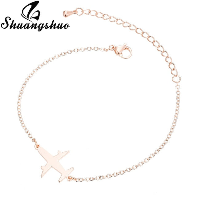 Shuangshuo Silver Airplane Adjustable Charm Bracelets for Women Jewelry Link Chain Stainless Steel Aircraft Plane Bracelet femme