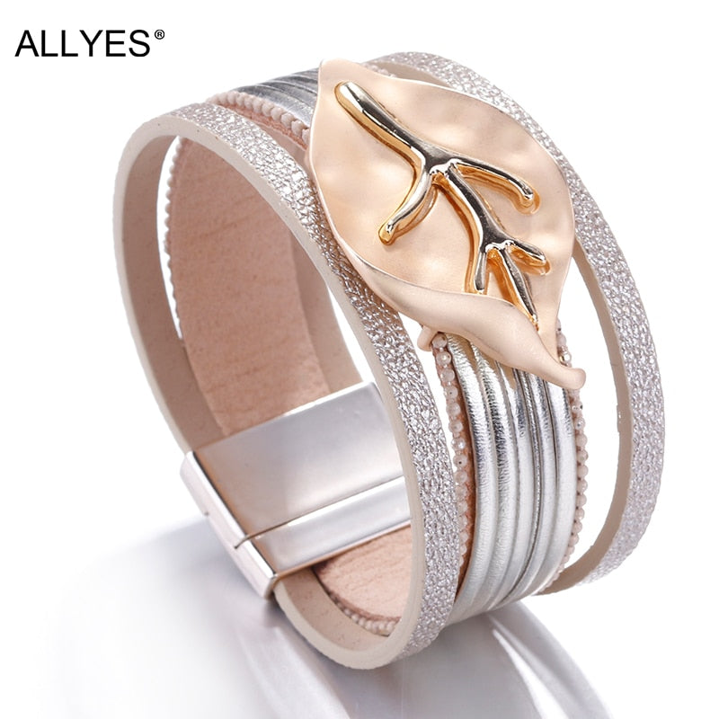 ALLYES Leather Bracelets For Women 2019 Metal Leaf Charm Ladies Boho Multilayer Wide Wrap Bracelet Female Femme Jewelry