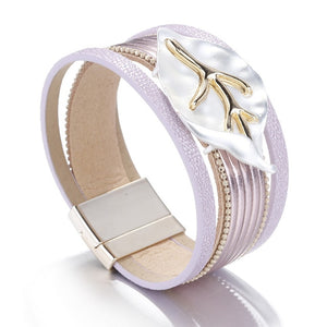 ALLYES Leather Bracelets For Women 2019 Metal Leaf Charm Ladies Boho Multilayer Wide Wrap Bracelet Female Femme Jewelry