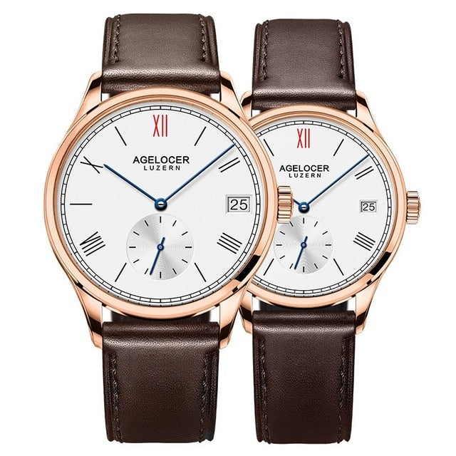 Swiss New Style AGELOCER Luxury Automatic Couple Watches Mens Womens Clock Leather Band Wrist Watch For Lovers Montre Homme