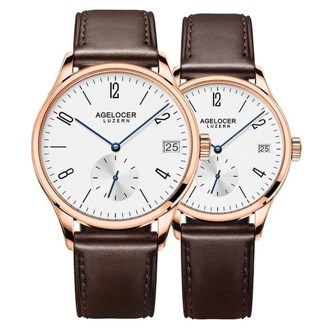 Swiss New Style AGELOCER Luxury Automatic Couple Watches Mens Womens Clock Leather Band Wrist Watch For Lovers Montre Homme