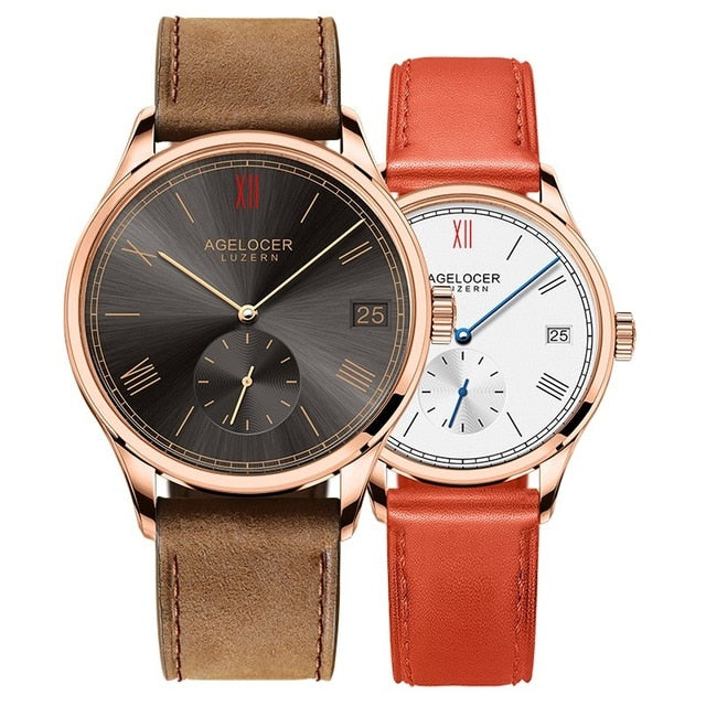 Swiss New Style AGELOCER Luxury Automatic Couple Watches Mens Womens Clock Leather Band Wrist Watch For Lovers Montre Homme