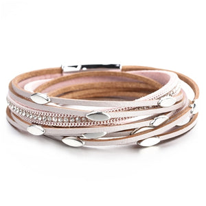 ALLYES Pink Color Leather Bracelets For Women 2019 Fashion Leaf Charm Crystal Boho Multi Layer Wrap Bracelet Femme Jewelry