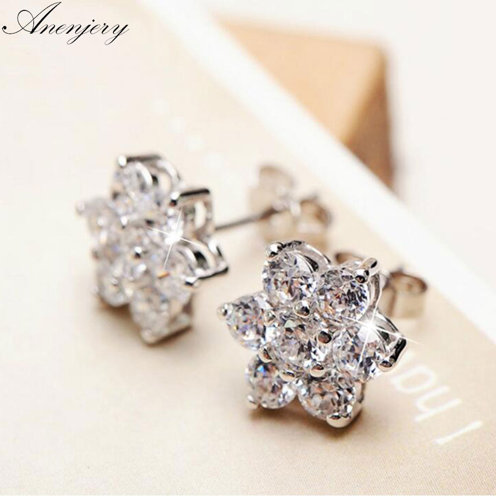 Anenjery 925 Sterling Silver Zircon Snowflake Flower Stud Earrings For Women brincos Gift Boucle d'oreille oorbellen S-E07