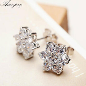 Anenjery 925 Sterling Silver Zircon Snowflake Flower Stud Earrings For Women brincos Gift Boucle d'oreille oorbellen S-E07