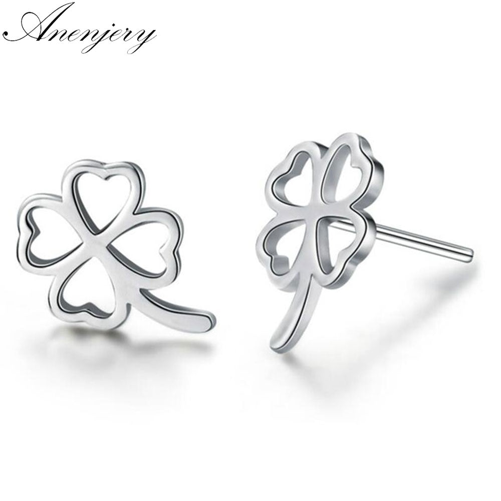 Anenjery 925 Sterling Silver Earrings pendientes Hollow Clover Stud Earrings boucle d'oreilleboucle d'oreille For Women S-E56