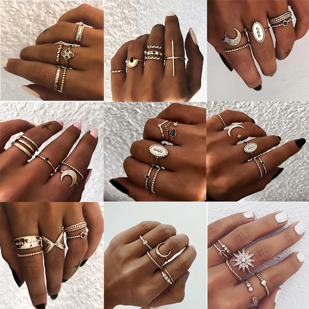 IPARAM Bohemian Vintage Gold Crescent Geometric Joint Ring Set for Women Crystal Personality Design Ring Set Party Jewelry Gift