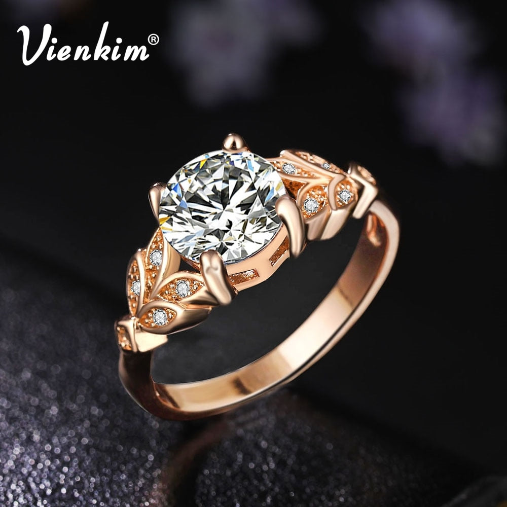 Vienkim 1PC Hot Crystal Silvery Women Leaf Engagement Rings Zircon Cubic Graceful Girls White Rose Golden Ring Size 6 7 8 9