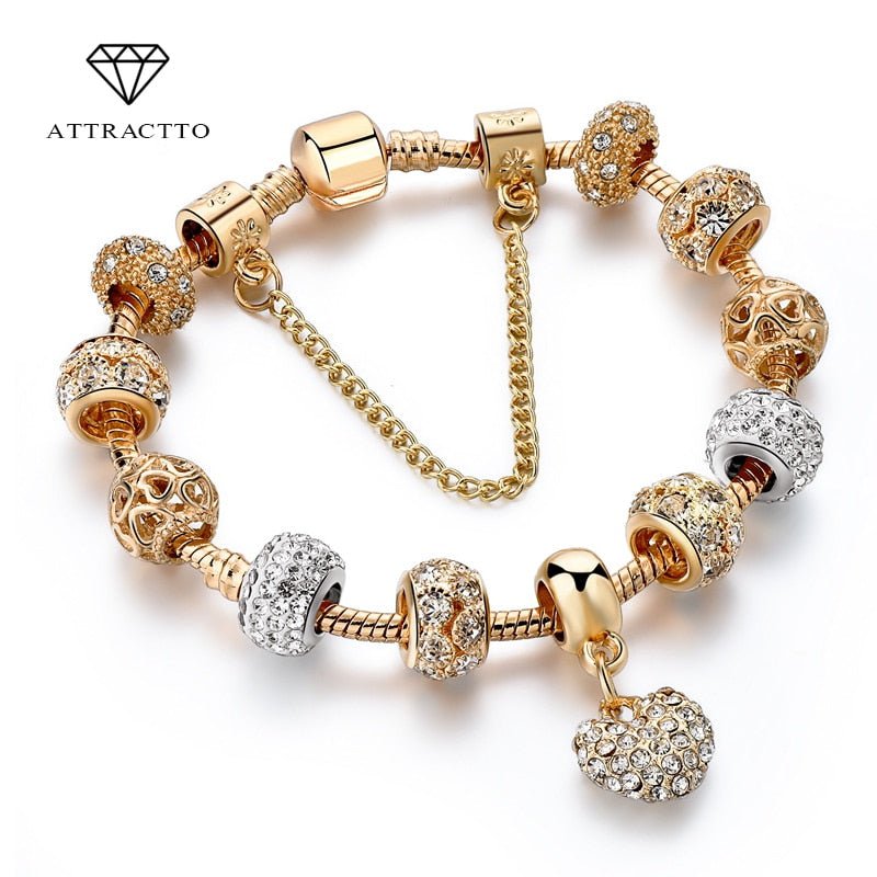 ATTRACTTO Luxury Crystal Heart Charm Bracelets&Bangles Gold Bracelets For Women Jewellery Pulseira Feminina Bracelet Sbr170020