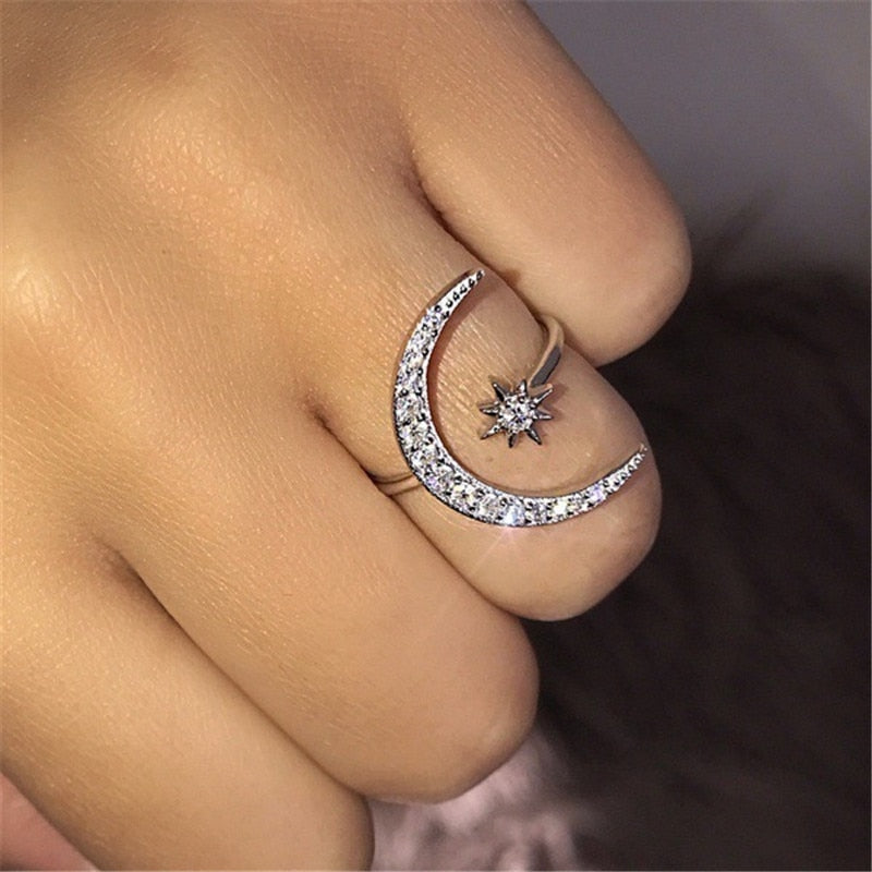 Ahmed 2019 New Fashion Crytal Ring Moon & Star Dazzling Open Finger Rings for Women Girls Wedding Engagement Jewelry Gift